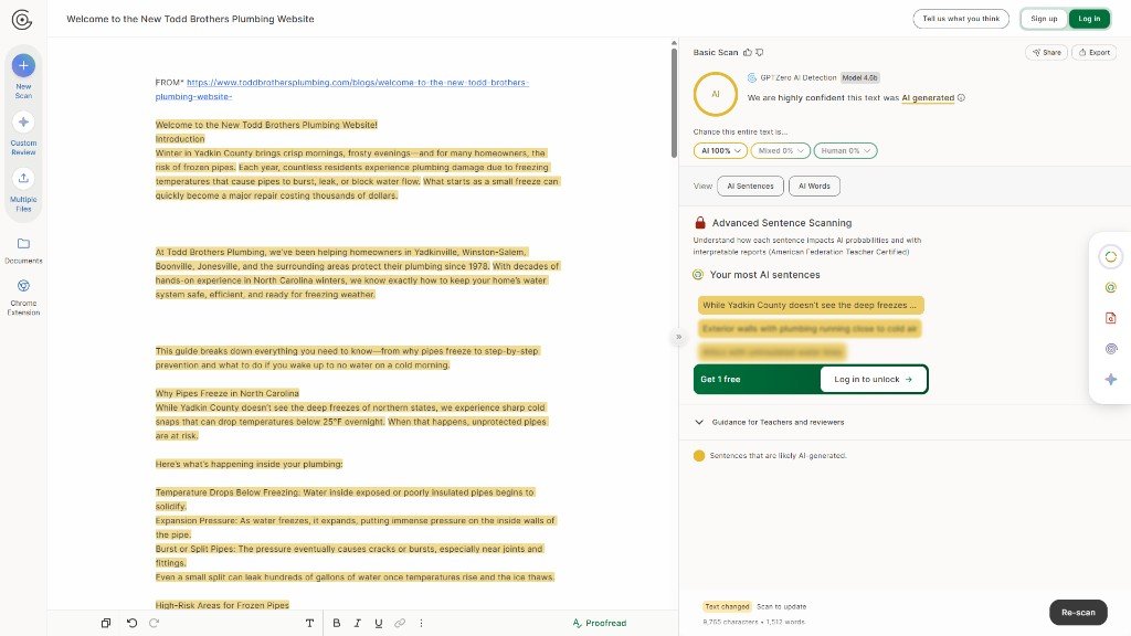 A local plumbing company blog post scored 100% AI generated by the GPTZero detector