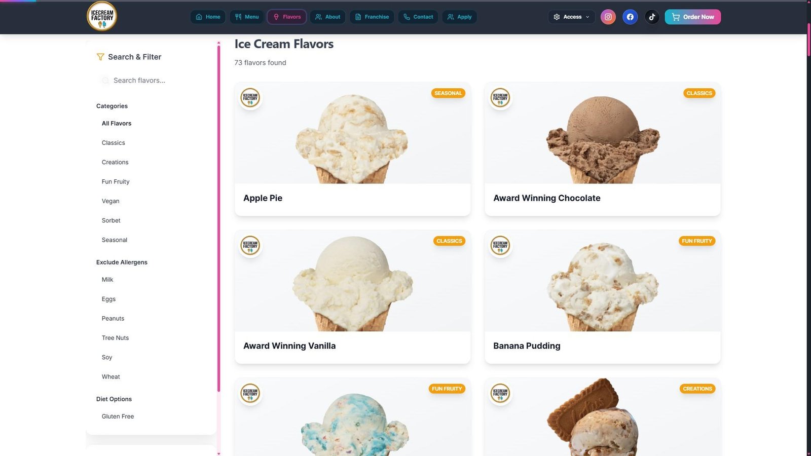 Ice Cream Factory menu website built by Koford Media