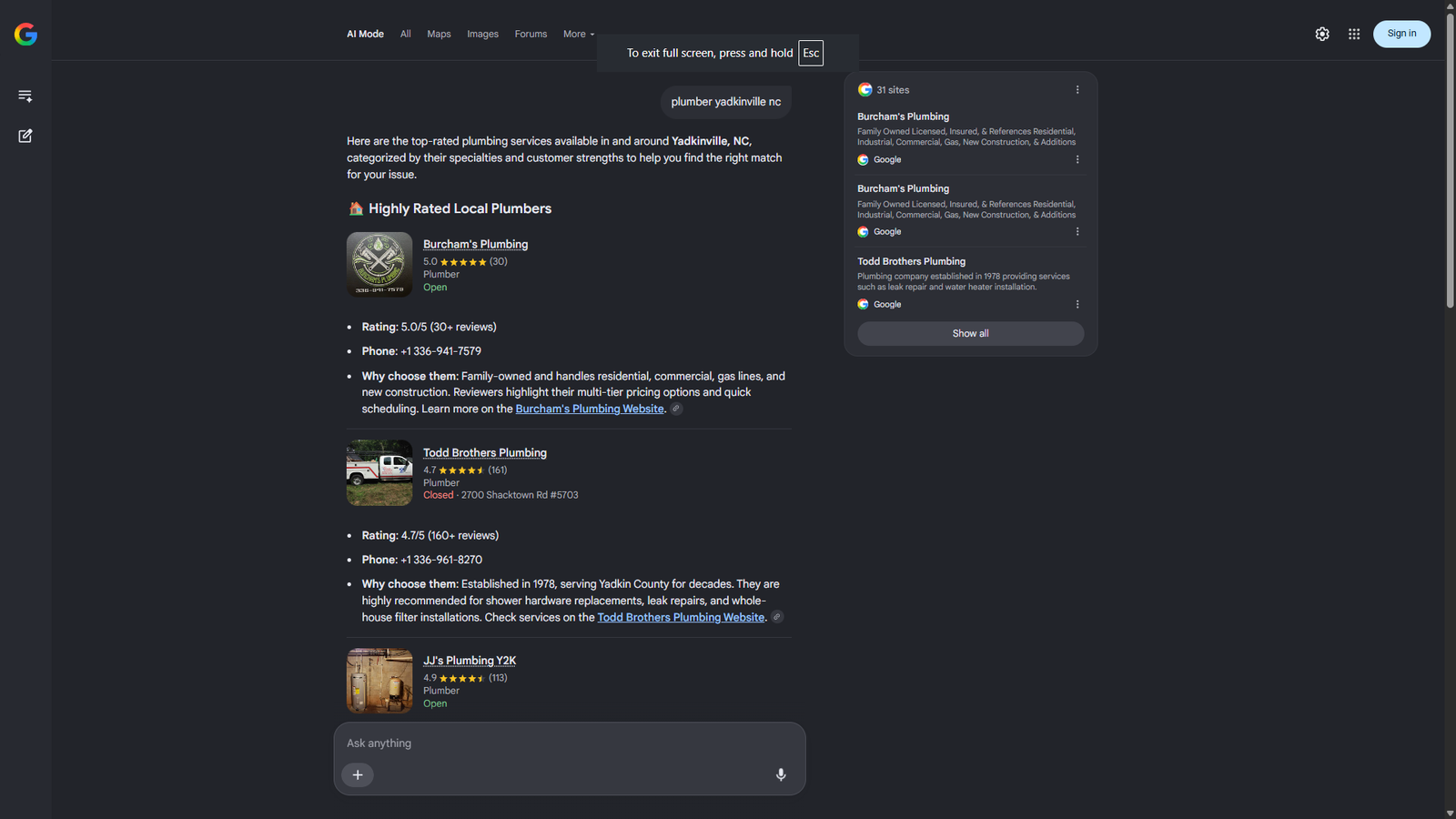 Burcham's Plumbing AI Overview search result