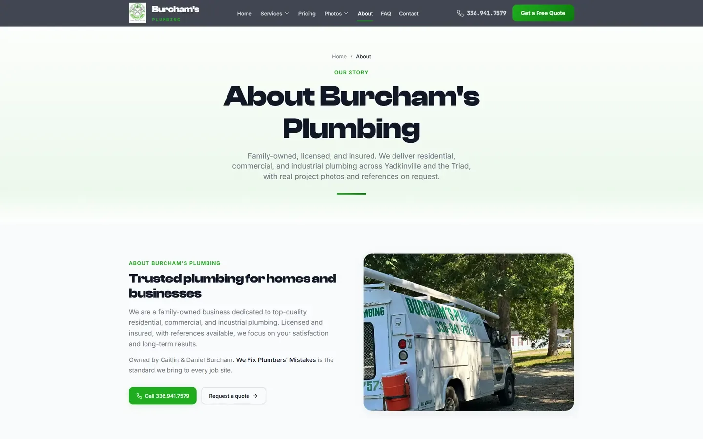 Burchams Plumbing about page before the June redesign