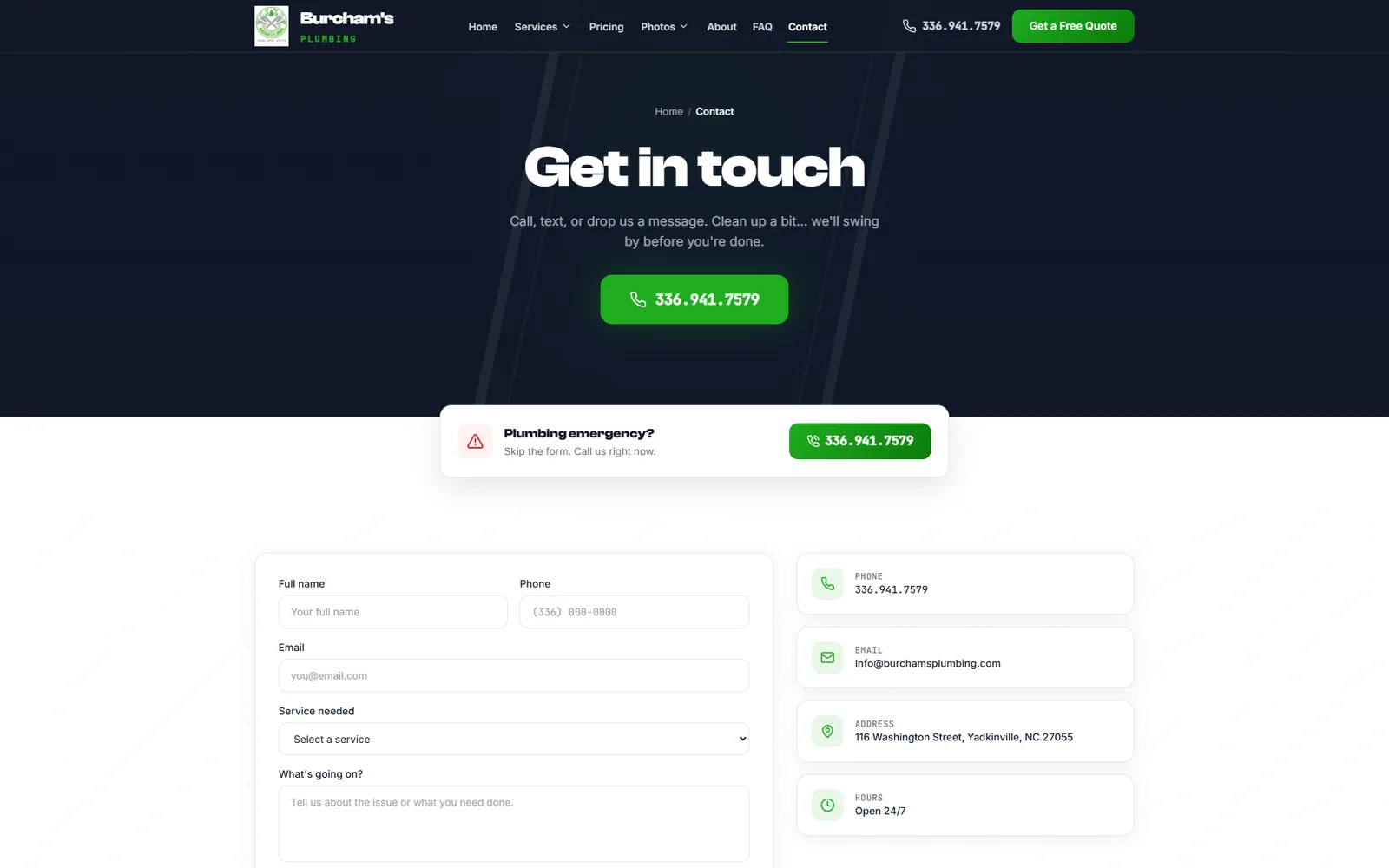 Burchams Plumbing contact page before the June redesign