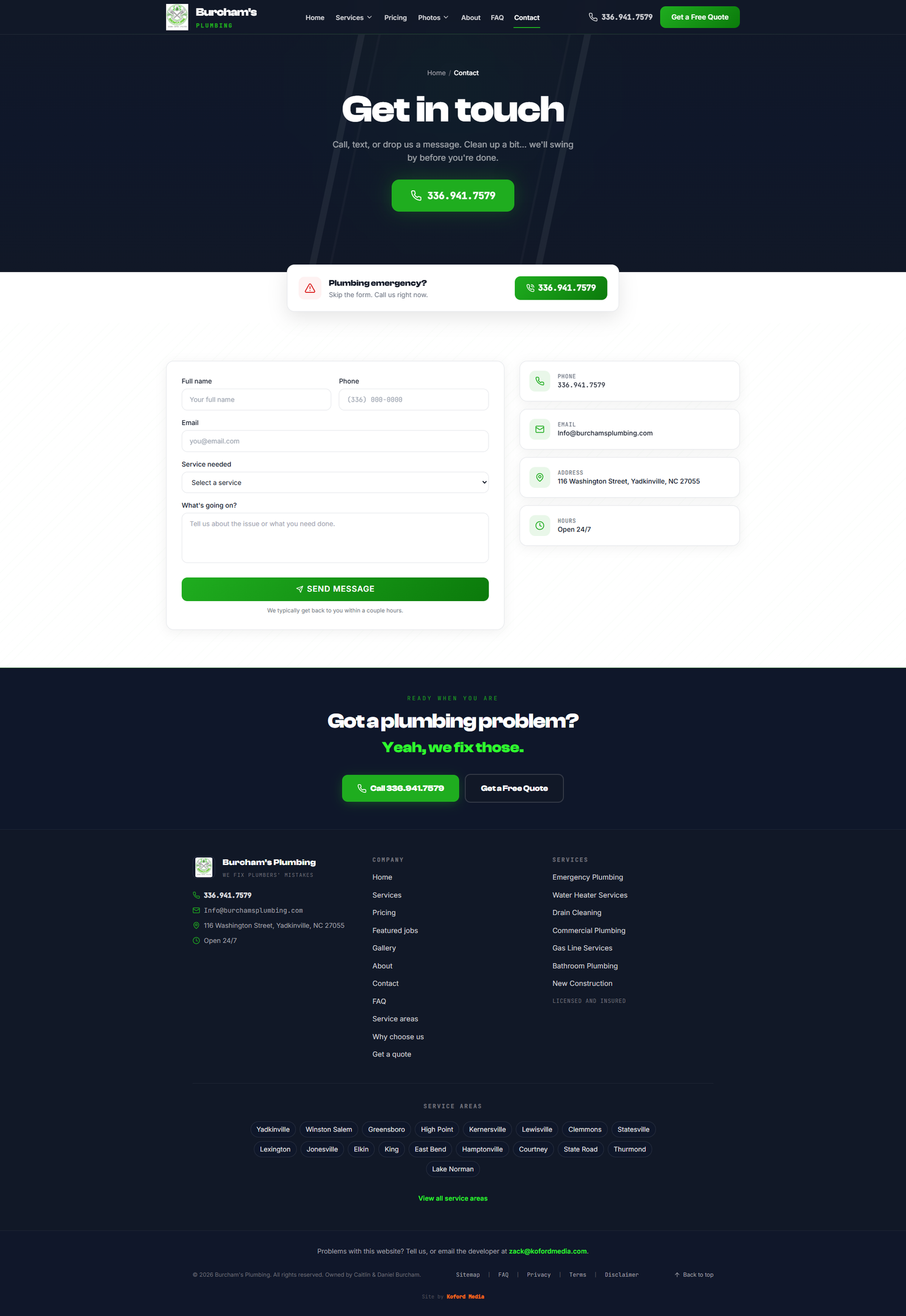 Burcham's Plumbing contact page