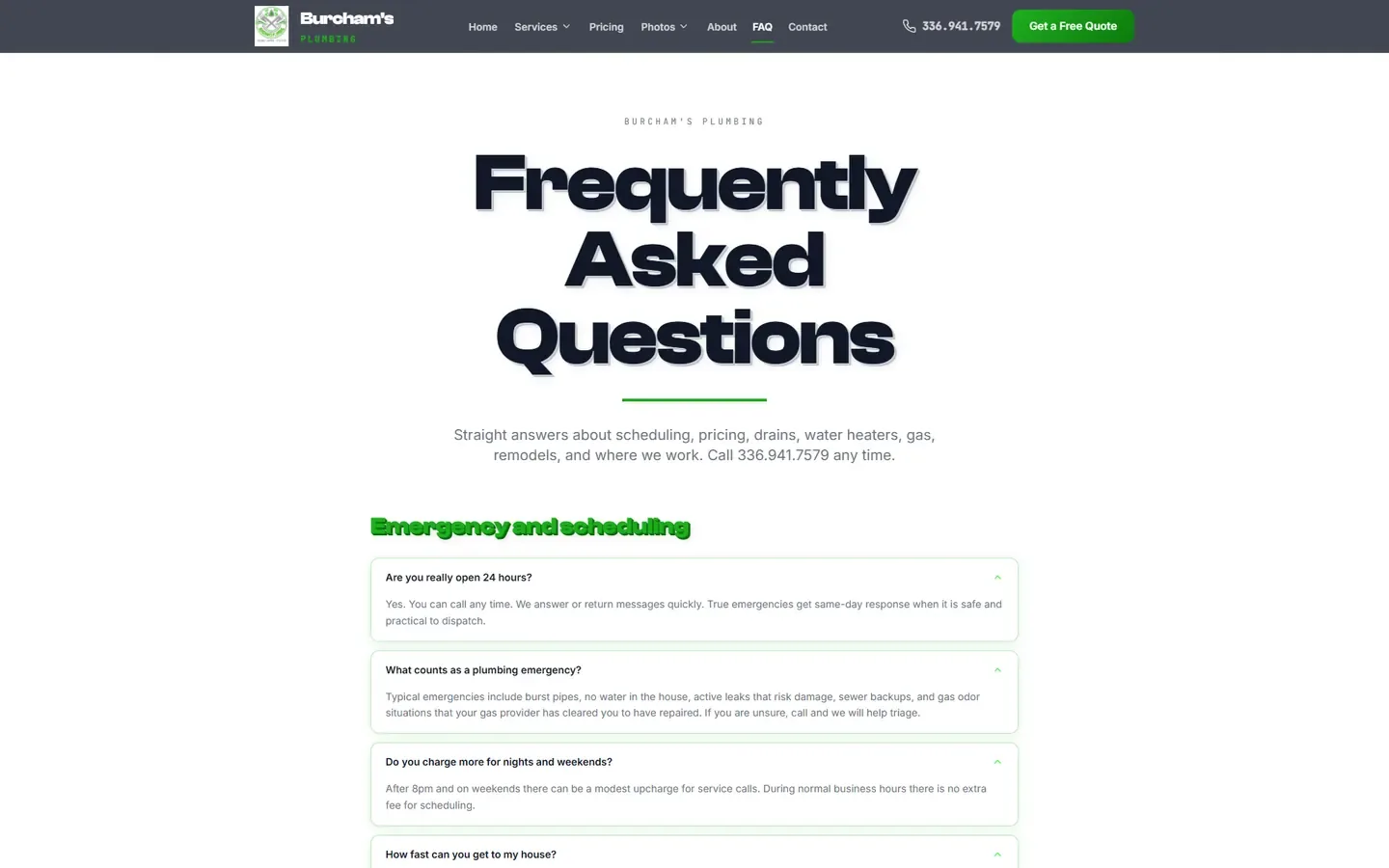 Burchams Plumbing FAQ page before the June redesign