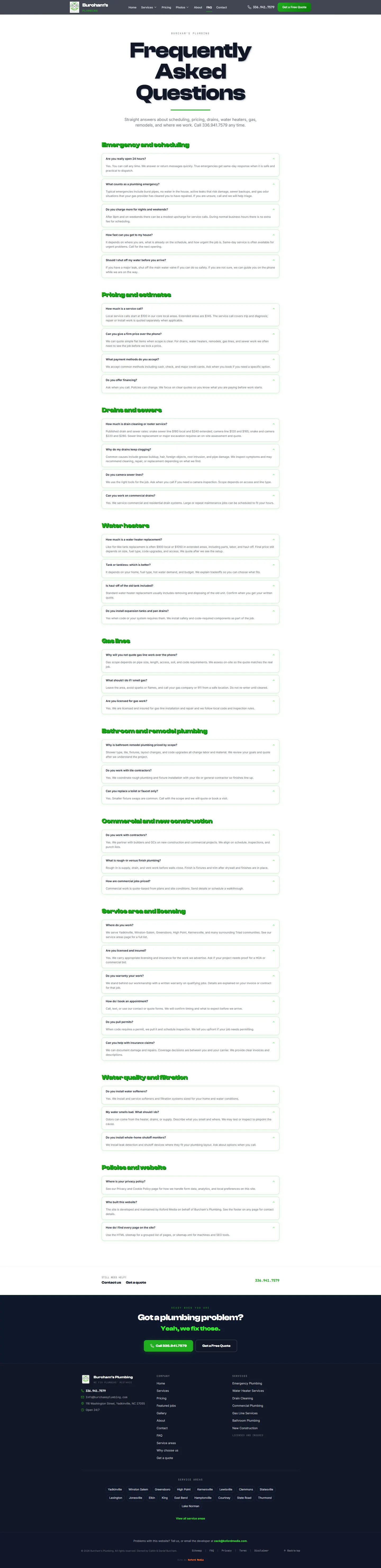 Burcham's Plumbing FAQ page