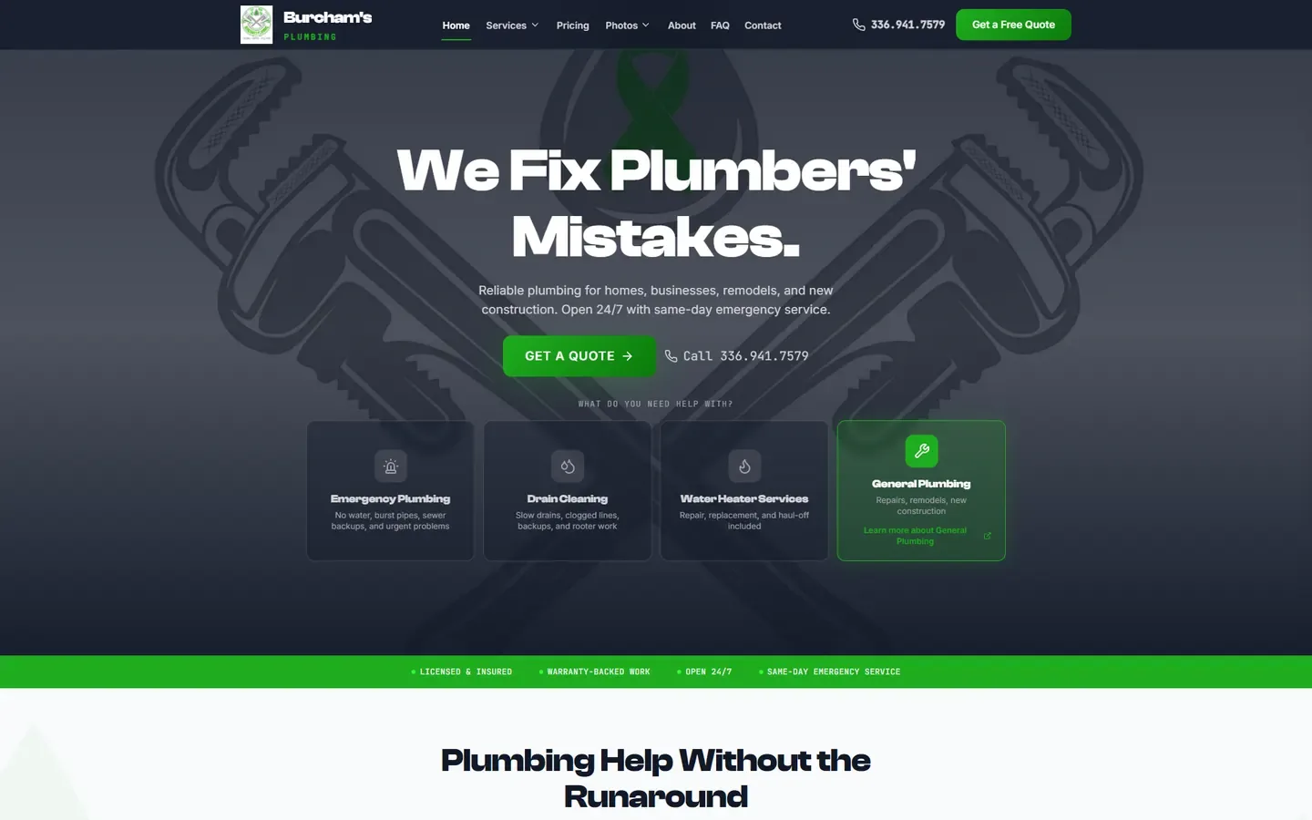 Burchams Plumbing homepage before the June redesign