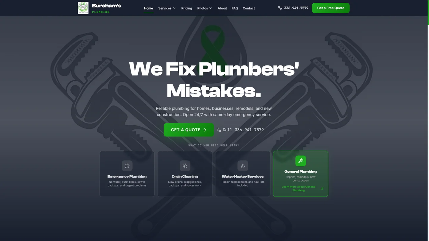 Burcham's Plumbing homepage hero before the June redesign