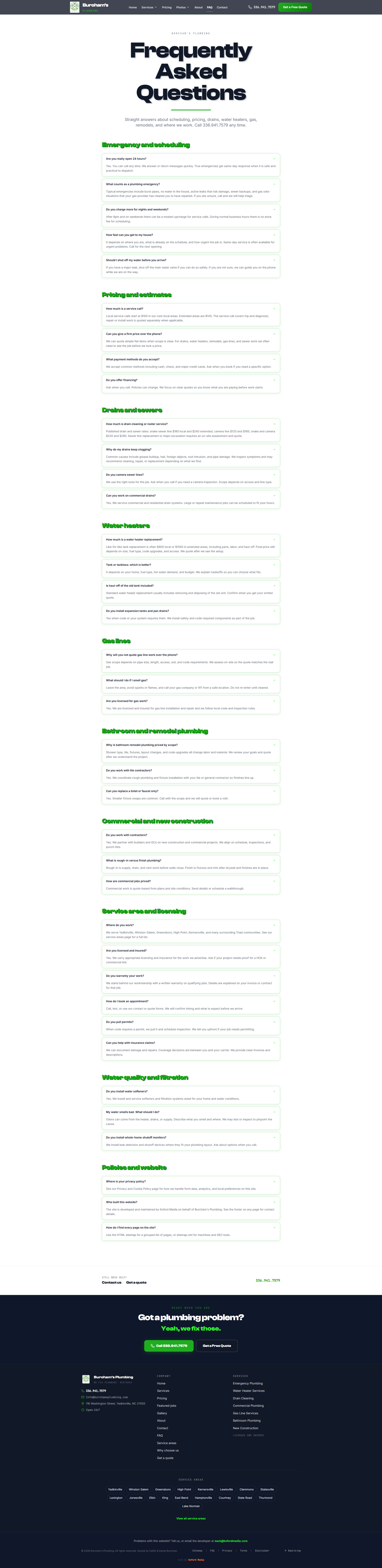 Burcham's Plumbing FAQ page