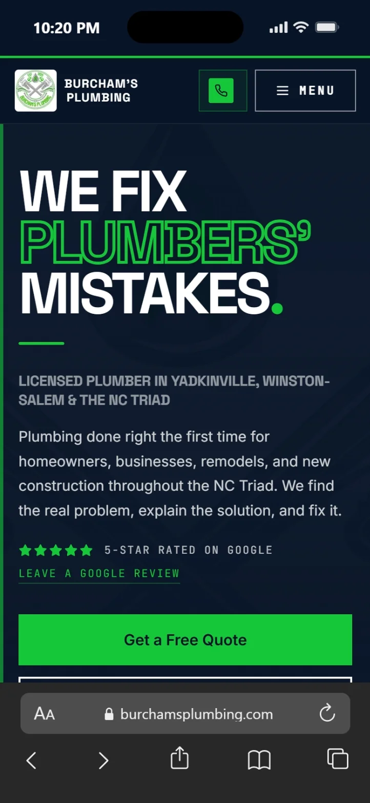 Burcham's Plumbing mobile website