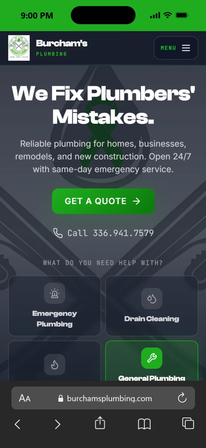 Burcham's Plumbing mobile site preview