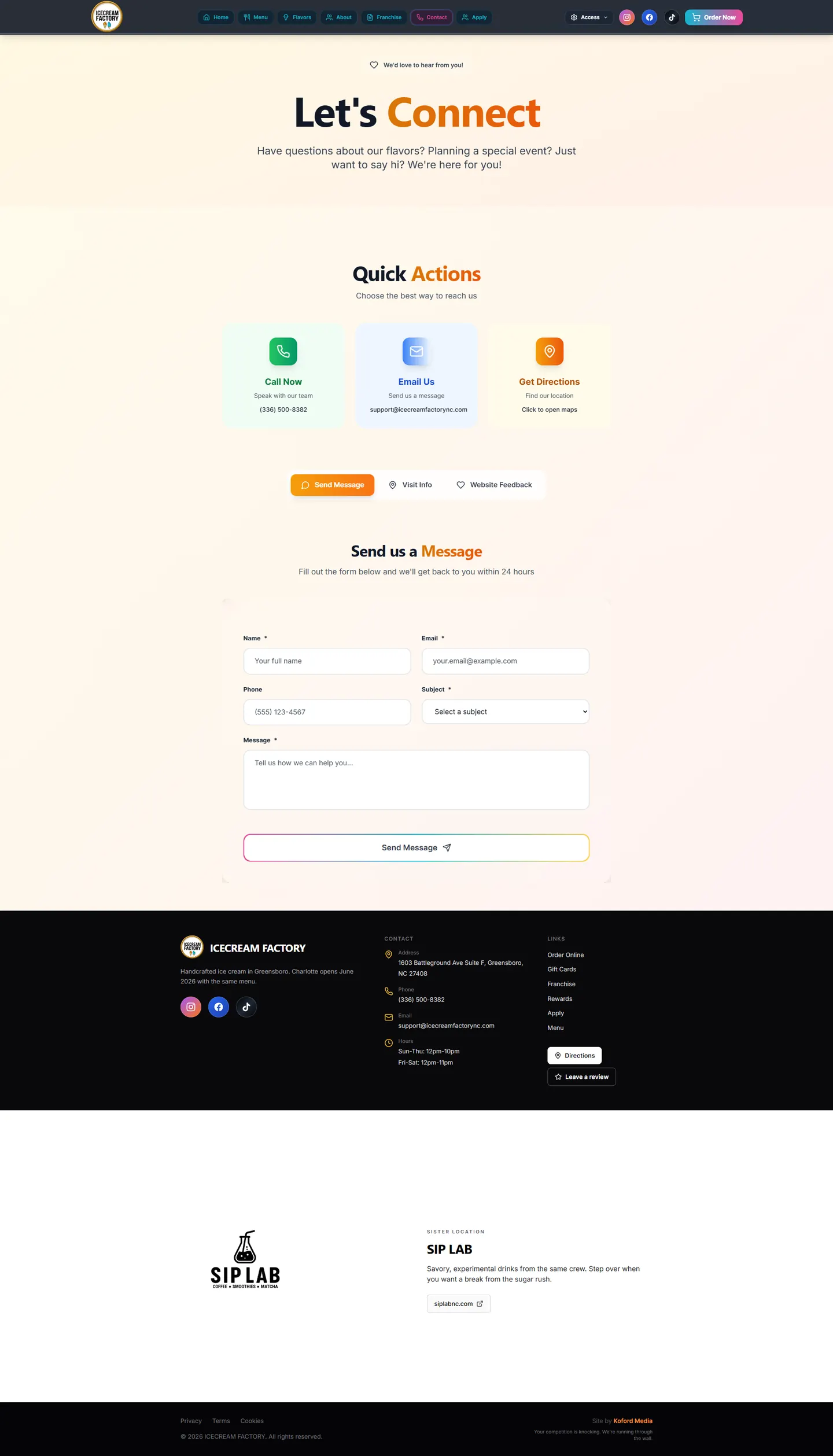 Ice Cream Factory contact page