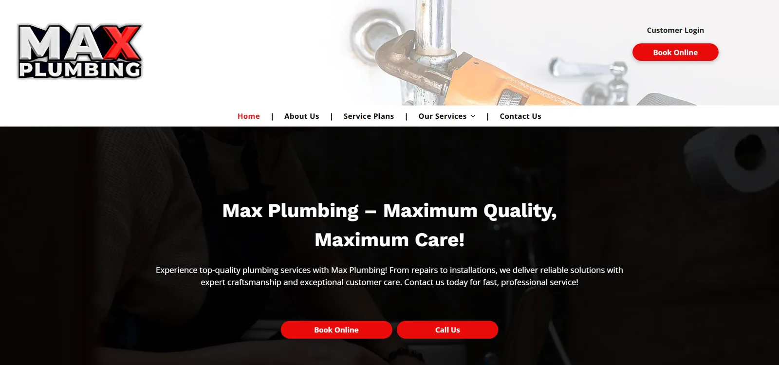 MAX Plumbing homepage hero before the Koford Media rebuild