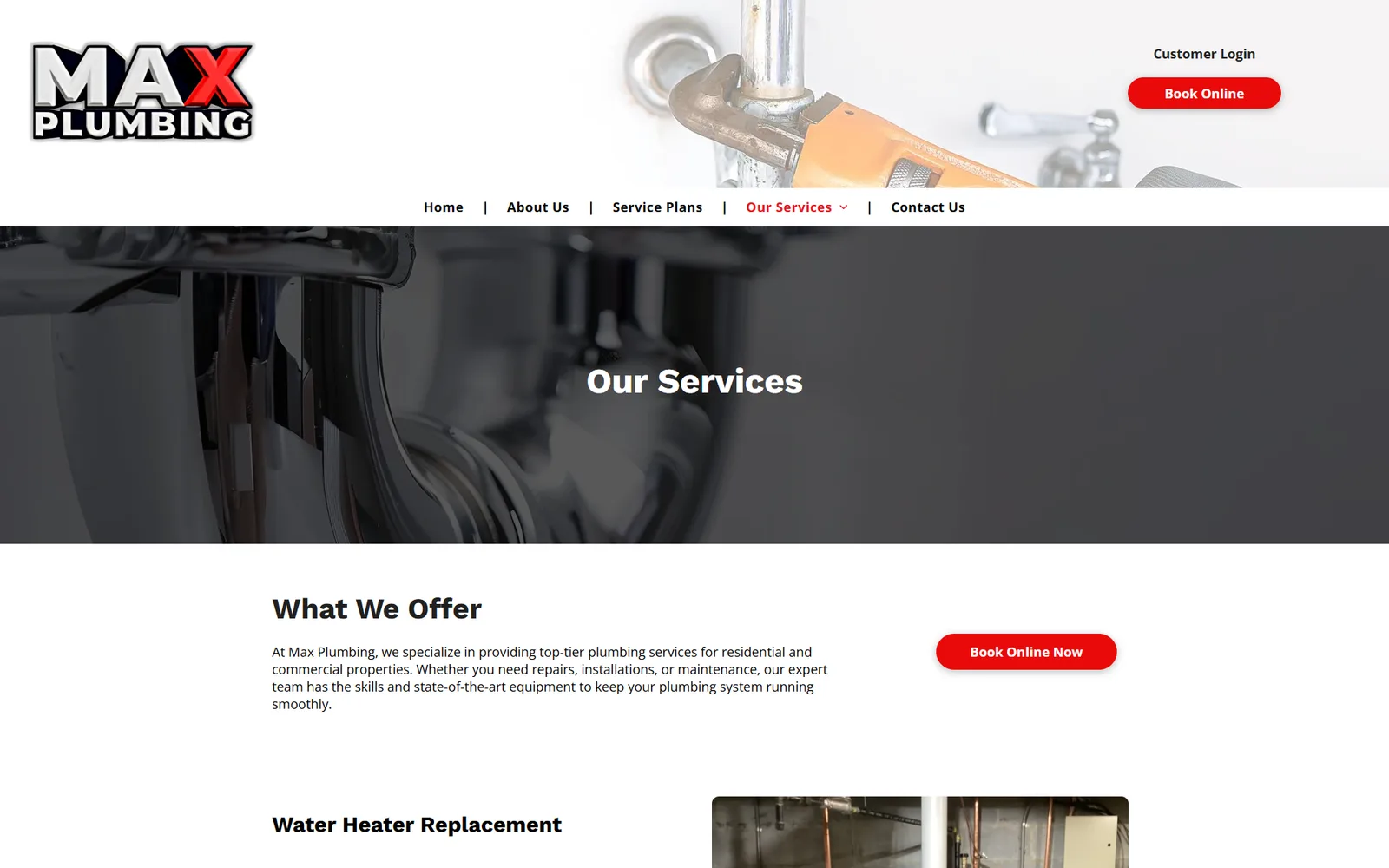 MAX Plumbing services page before the rebuild