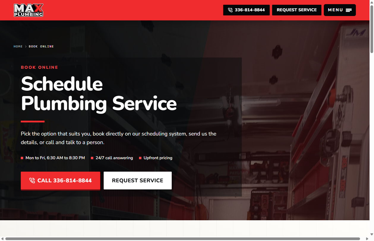 MAX Plumbing book online page