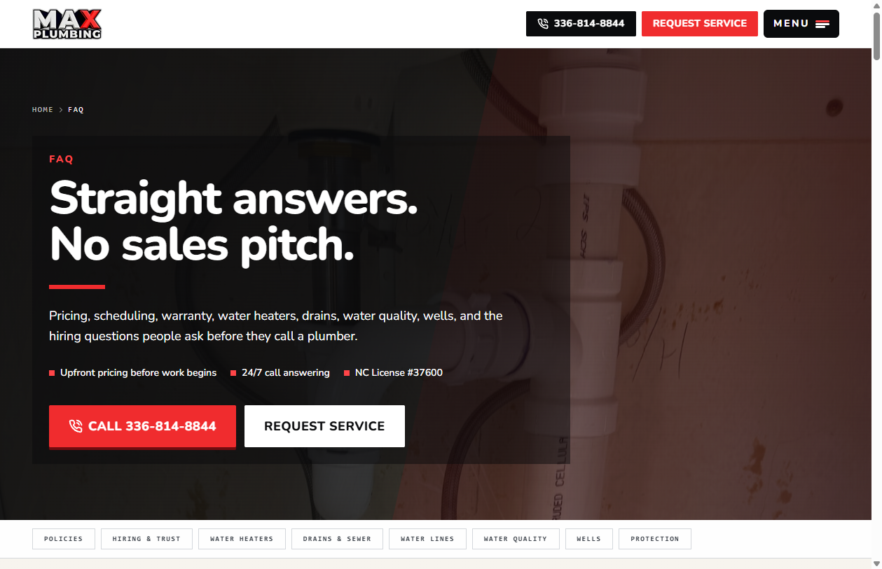 MAX Plumbing FAQ page