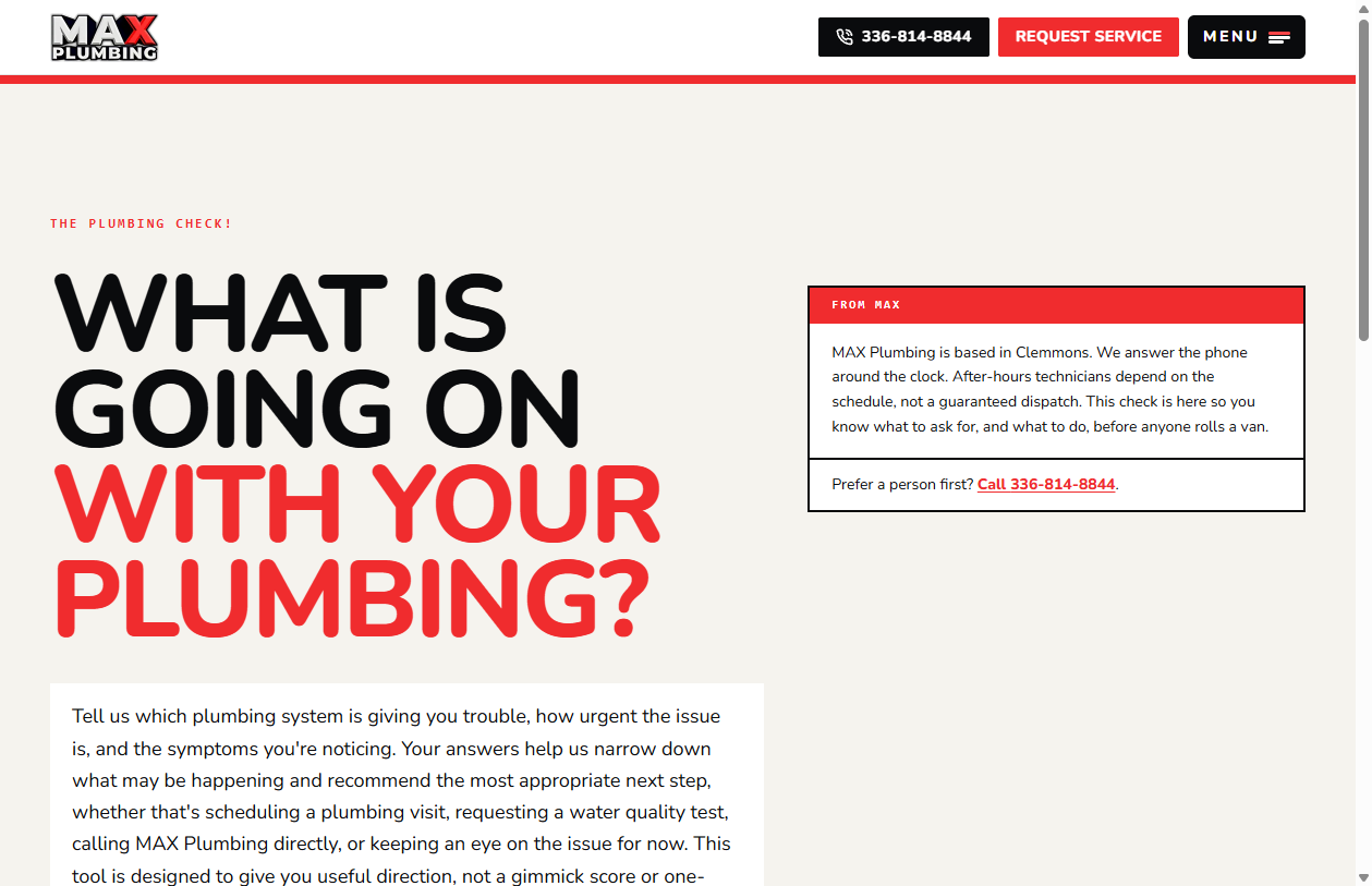 MAX Plumbing Check diagnostic page