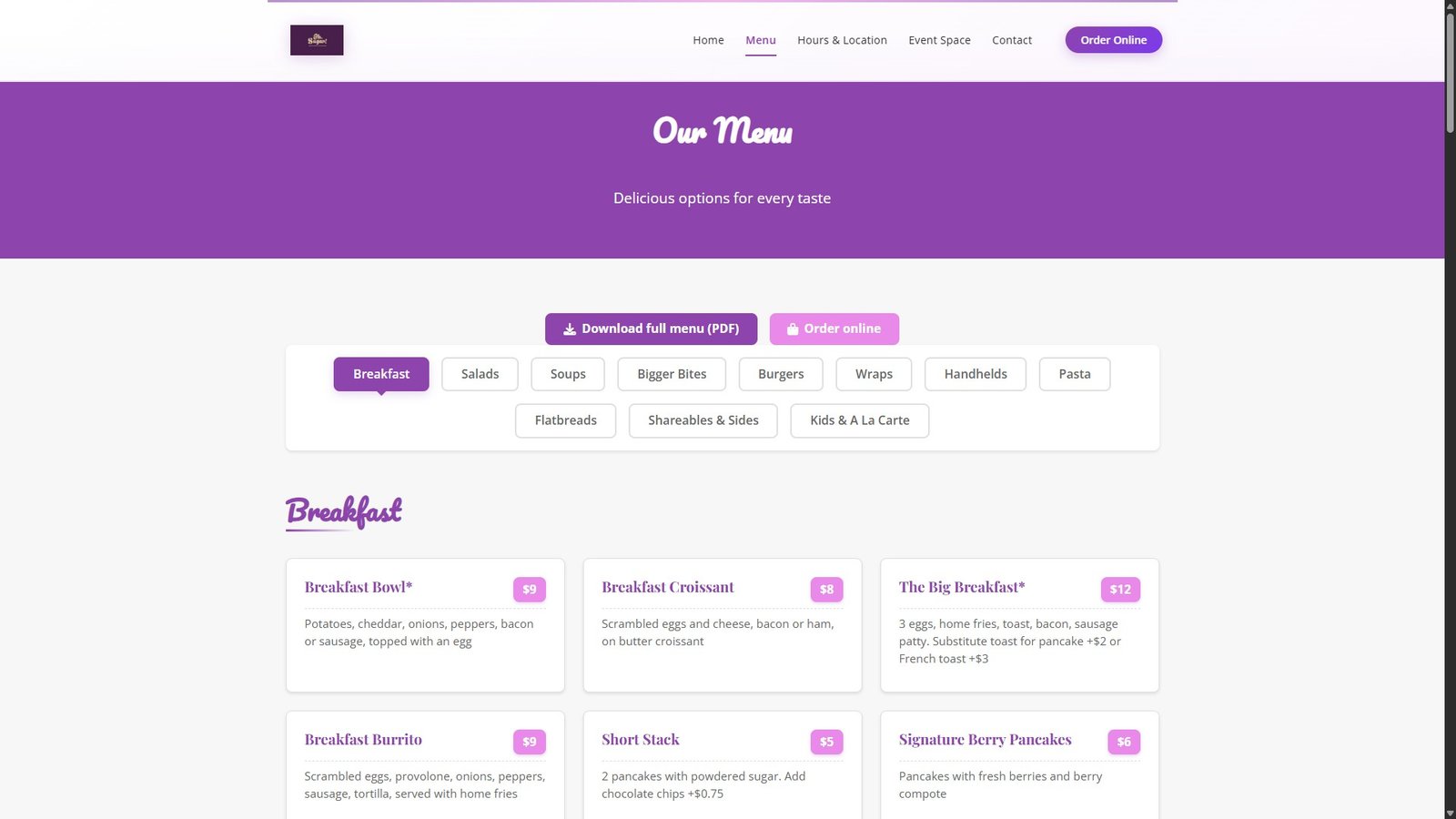 Oh Sugar menu page