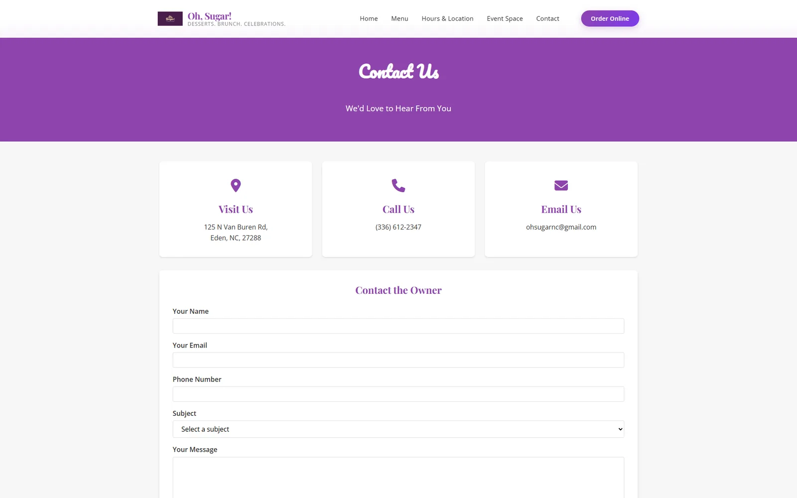 Oh Sugar contact page