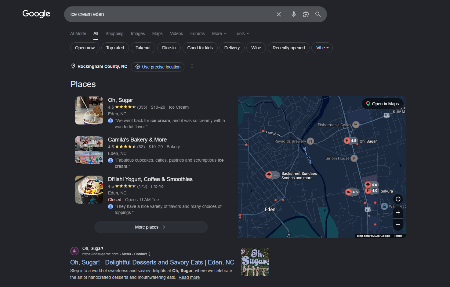 Oh Sugar Google Map Pack search result