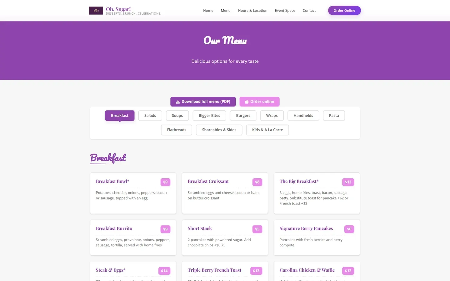 Oh Sugar menu page