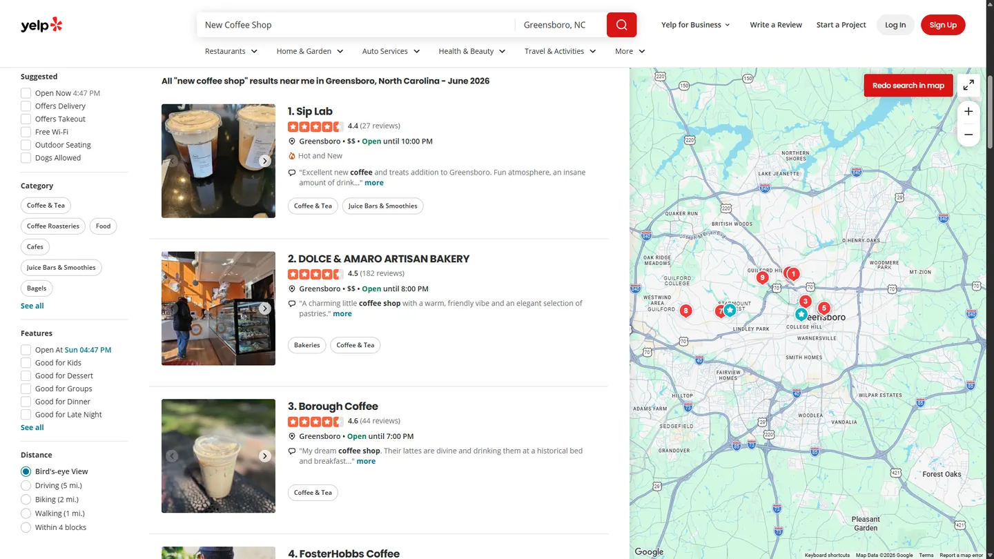 SIP LAB ranking #1 on Yelp Hot and New in Greensboro