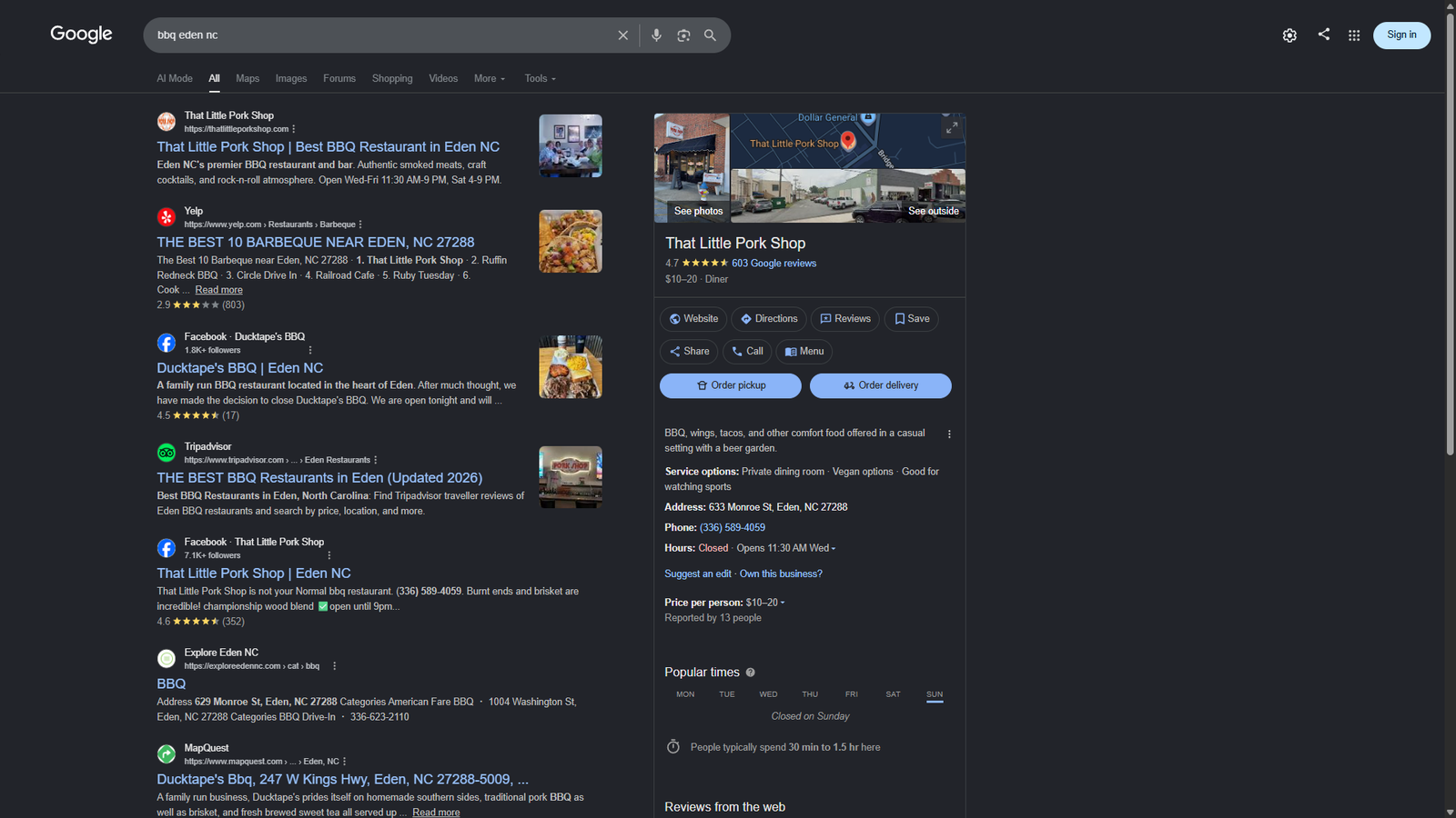That Little Pork Shop Knowledge Panel + #1 search result